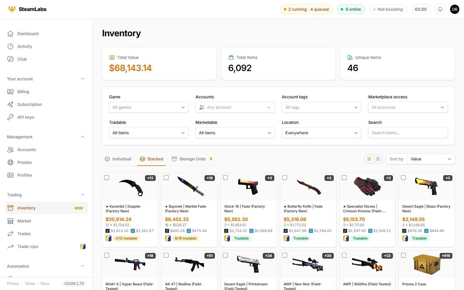 The SteamLabs inventory page in stacked view