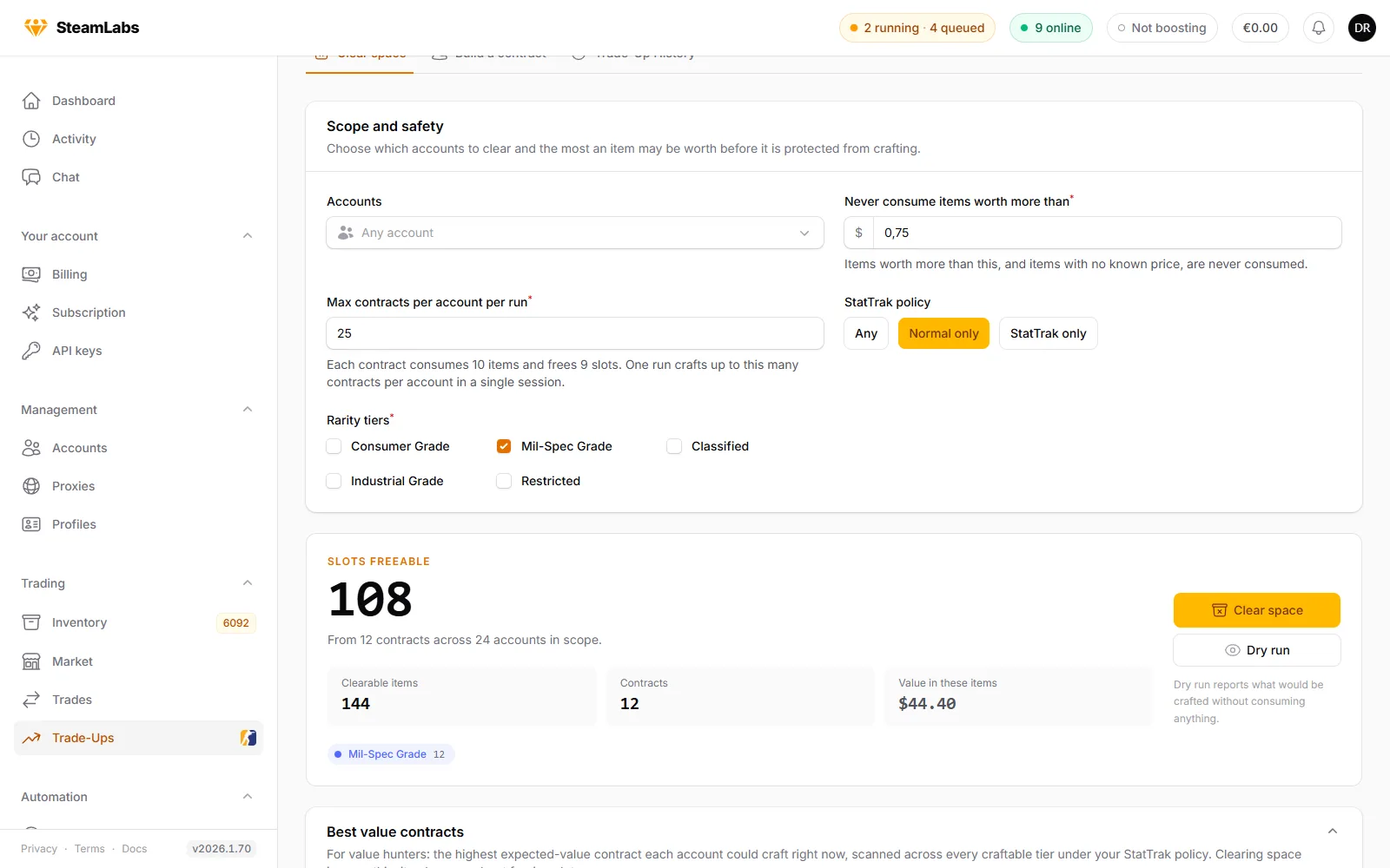 The trade-up contract builder in SteamLabs